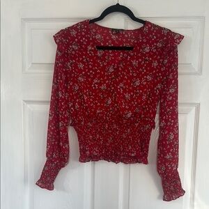 Red Ruffled Puff Sleeve Blouse